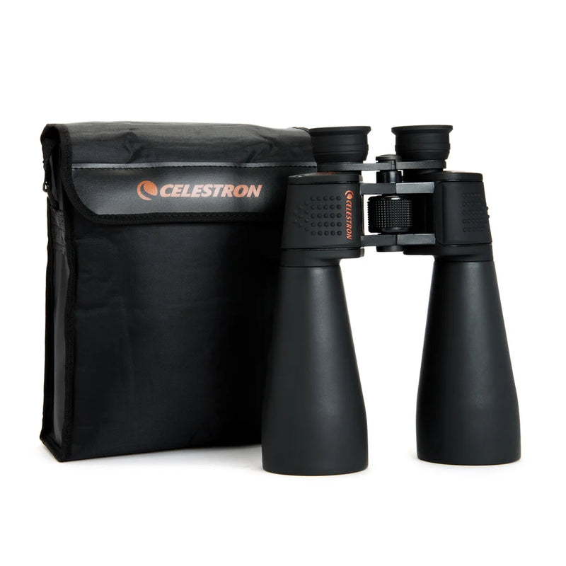 Celestron SkyMaster 25x70 Porro binoculars showing large objective lenses and textured focus wheel for astronomical viewing.