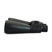 Celestron SkyMaster 15x70 Porro binoculars showing large objective lenses and textured focus wheel for astronomical viewing.