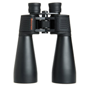 Celestron SkyMaster 15x70 Porro binoculars showing large objective lenses and focusing wheel for astronomical viewing.