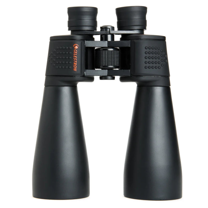 Celestron SkyMaster 15x70 Porro binoculars showing large objective lenses and focusing wheel for astronomical viewing.