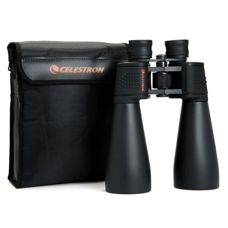 Celestron SkyMaster 15x70 Porro binoculars showing large objective lenses and ergonomic design for astronomical viewing.