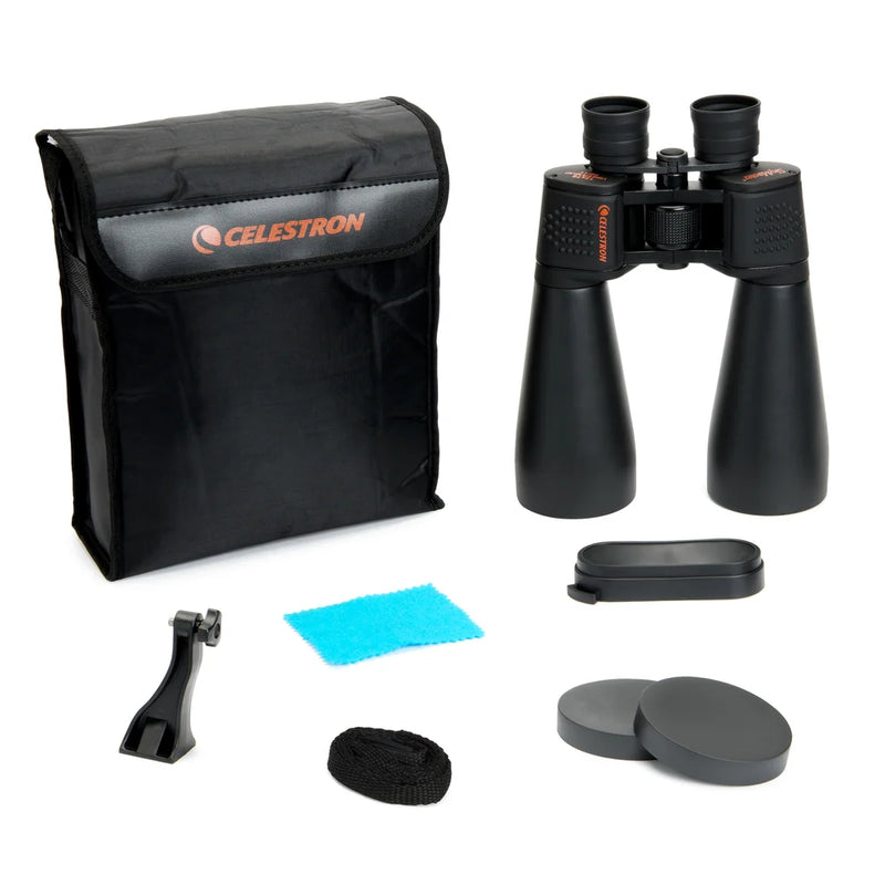 Celestron SkyMaster 15x70 Porro binoculars with large objective lenses and ergonomic design for astronomy and wildlife viewing.