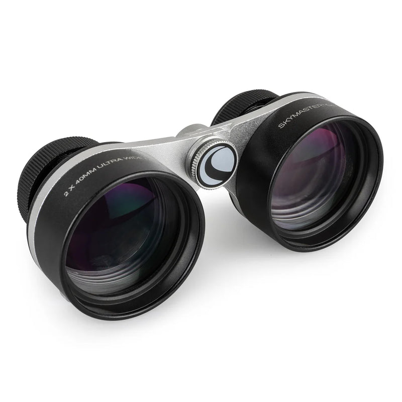 Celestron SkyMaster Gemini 2x40 Ultra Wide-Field Binoculars showing large eyepieces and wide viewing lenses for astronomy viewing