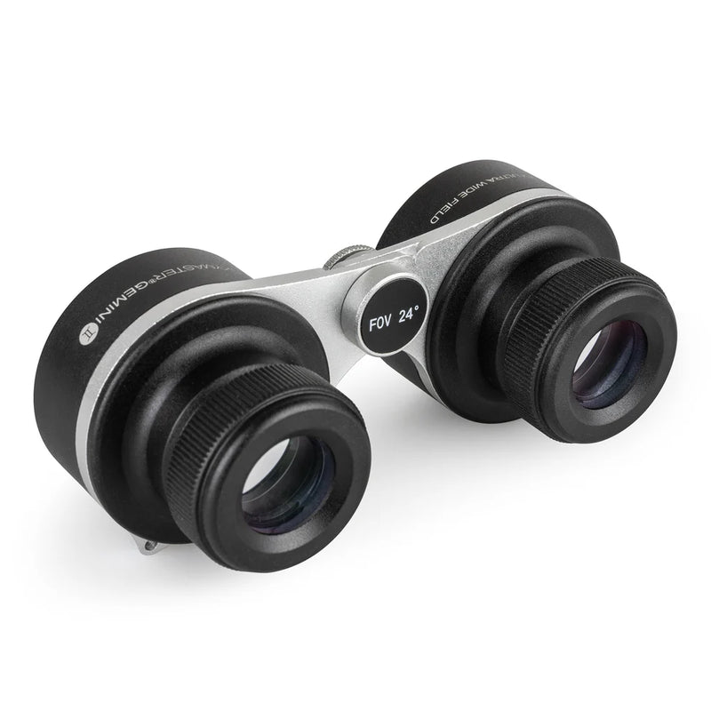 Celestron SkyMaster Gemini 2x40 Ultra Wide-Field binoculars showing large lenses and ergonomic design for enhanced stargazing.