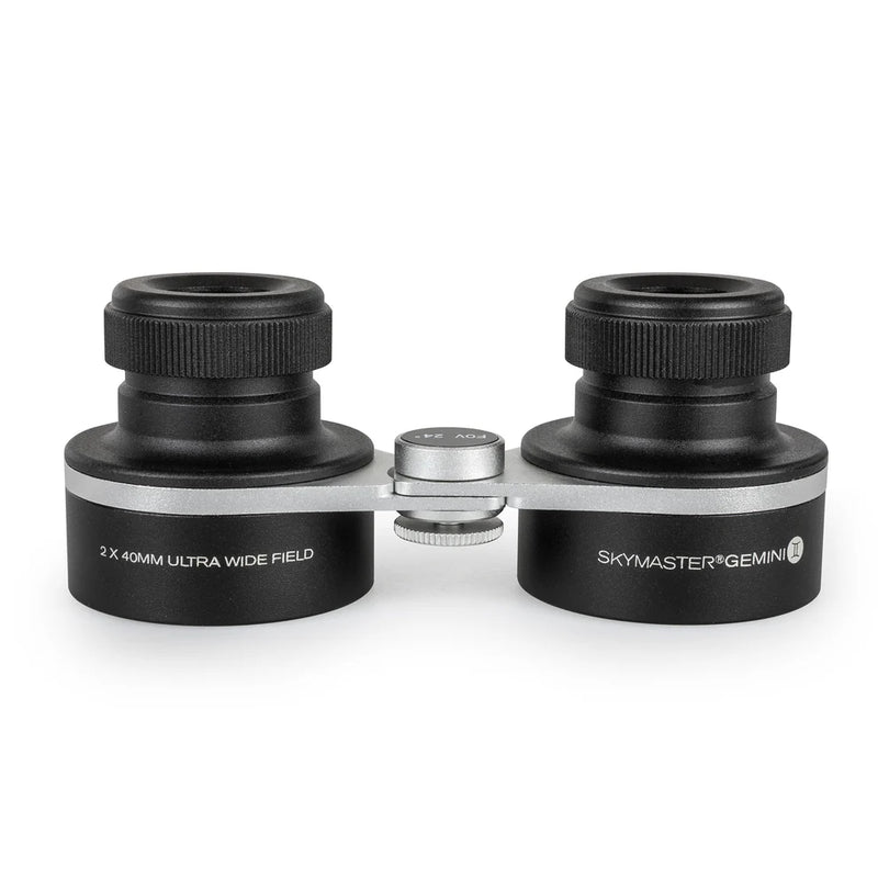 Celestron SkyMaster Gemini 2x40 Ultra Wide-Field Binoculars showing large lenses and ergonomic design for astronomy viewing.
