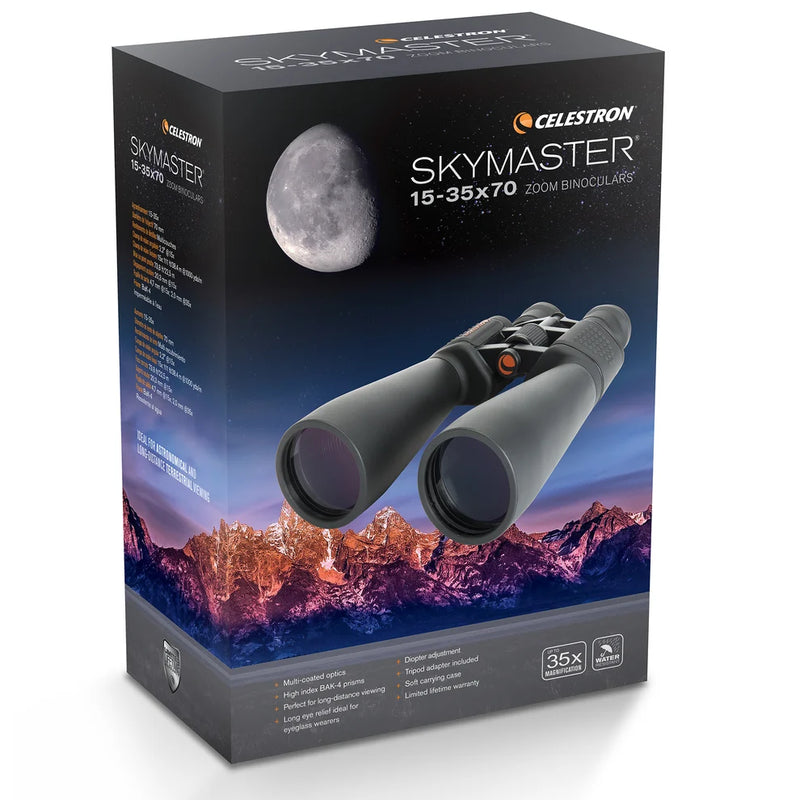 Celestron SkyMaster 15x-35x70 zoom porro binoculars showing the eyepiece and focusing mechanism