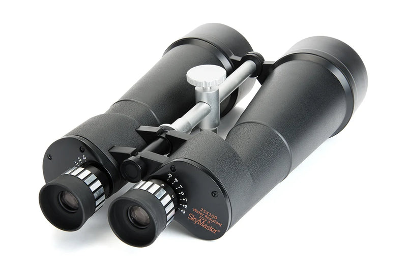 Celestron SkyMaster 25x100 Porro binoculars with large objective lenses and sturdy body, ideal for astronomy and outdoor viewing.