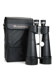 Celestron SkyMaster 25x100 binoculars in protective case, showcasing large Porro prism design for astronomical and terrestrial viewing.