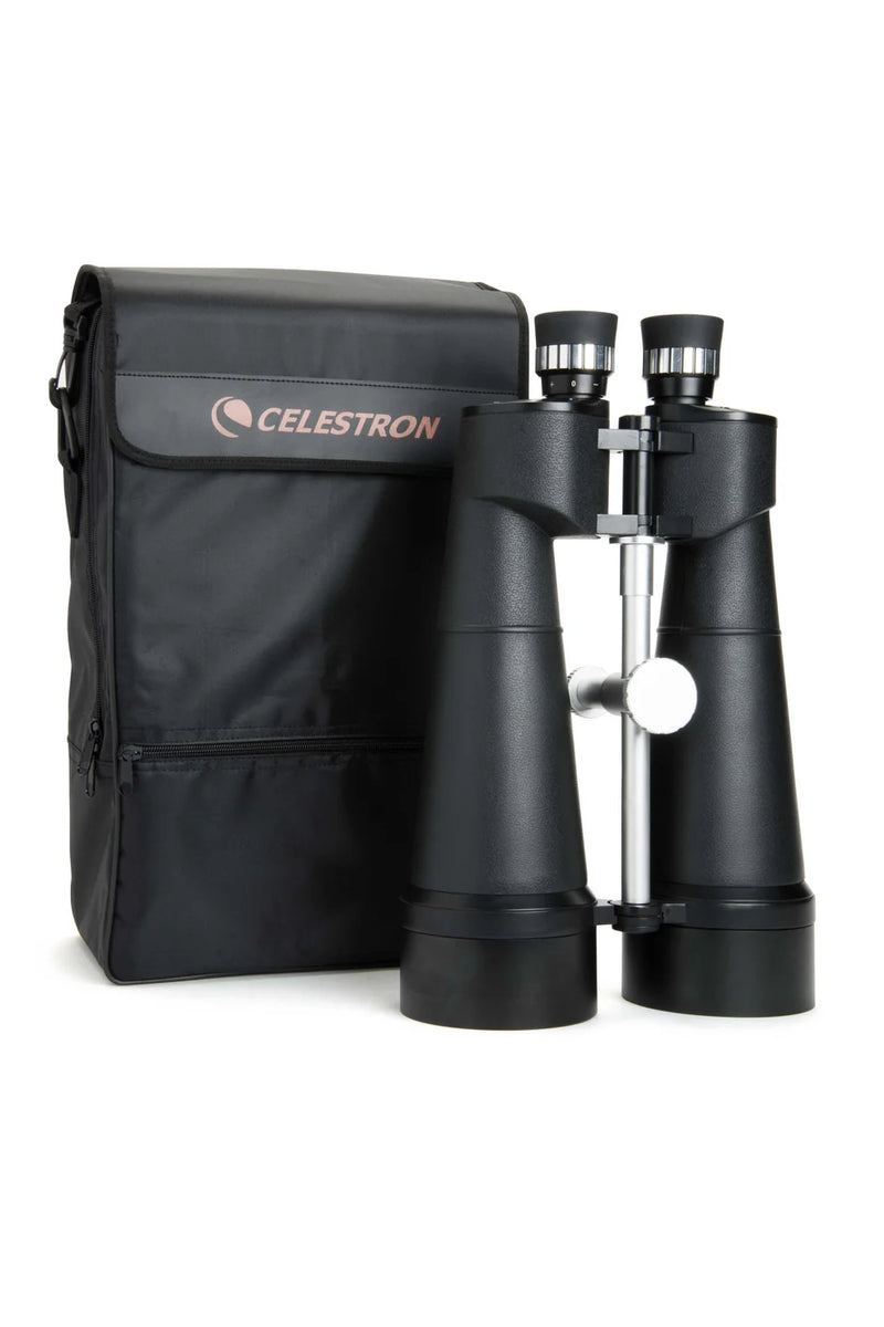 Celestron SkyMaster 25x100 binoculars in protective case, showcasing large Porro prism design for astronomical and terrestrial viewing.