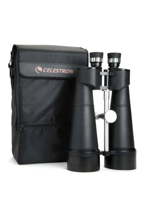 Celestron SkyMaster 25x100 binoculars in protective case, showcasing large Porro prism design for astronomical and terrestrial viewing.