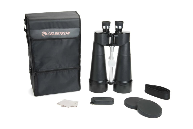 Celestron SkyMaster 25x100 Porro binoculars with included accessories, featuring large objective lenses and ergonomic design for astronomy.