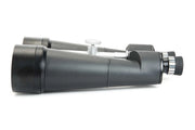 Celestron SkyMaster 25x100 Porro binoculars with large lenses, black body, and side view showing detailed focus and focusing knobs.