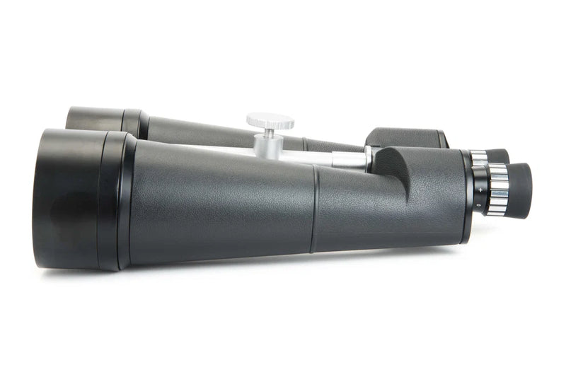 Celestron SkyMaster 25x100 Porro binoculars with large lenses, black body, and side view showing detailed focus and focusing knobs.