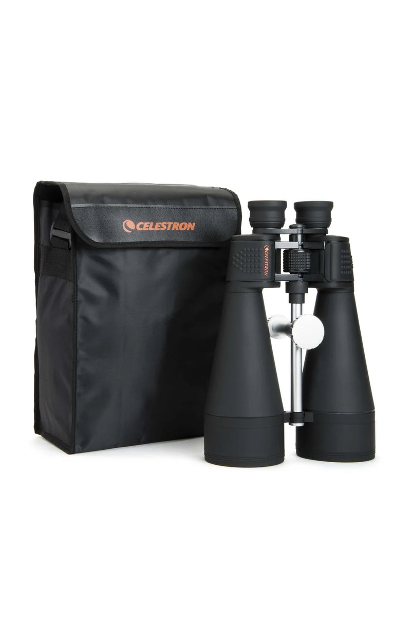 Celestron SkyMaster 20x80 Porro binoculars in carrying case, featuring large objective lenses and outdoor viewing design.