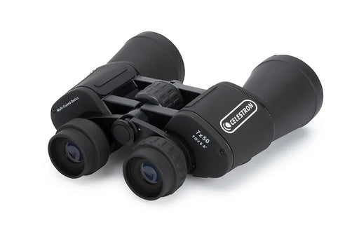 Celestron Cometron 7x50 Porro binoculars with large objective lenses and ergonomic design for astronomical viewing.