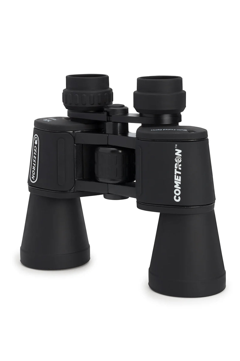 Celestron Cometron 7x50 Porro binoculars showing large objective lenses and durable body for astronomical viewing.