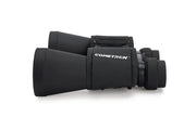 Celestron Cometron 7x50 Porro binoculars showing large objective lenses and textured focus wheel for astronomical viewing.
