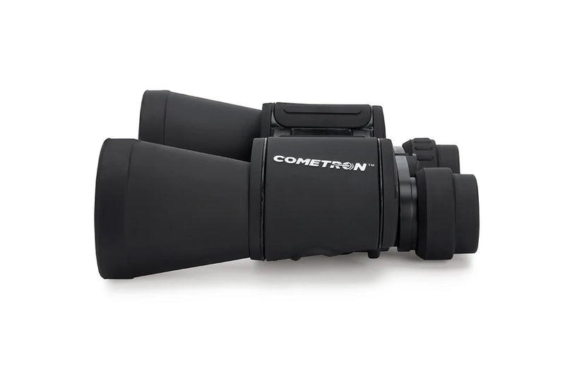 Celestron Cometron 7x50 Porro binoculars showing large objective lenses and textured focus wheel for astronomical viewing.