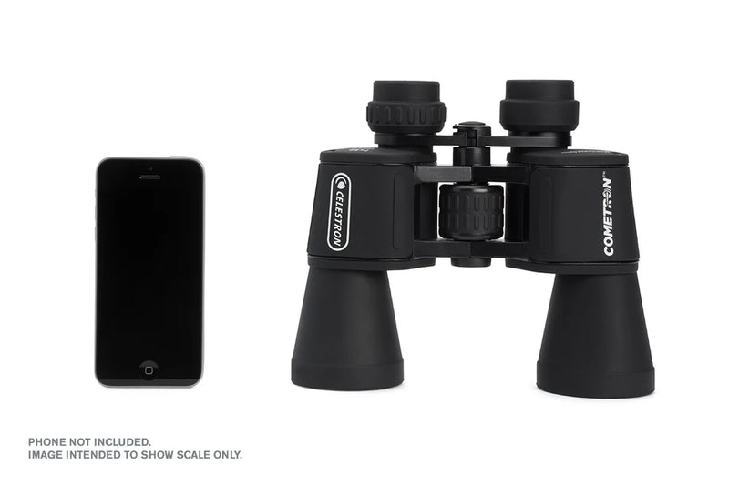 Celestron Cometron 7x50 Porro binoculars with large objective lenses and rubber armoring for outdoor stargazing and astronomy viewing
