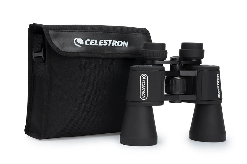 Celestron Cometron 7x50 Porro binoculars showing large objective lenses and textured rubberized grip for outdoor stargazing.