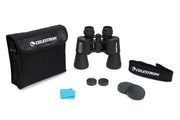 Celestron Cometron 7x50 Porro binoculars with large objective lenses and sturdy black body, ideal for stargazing and astronomical viewing.