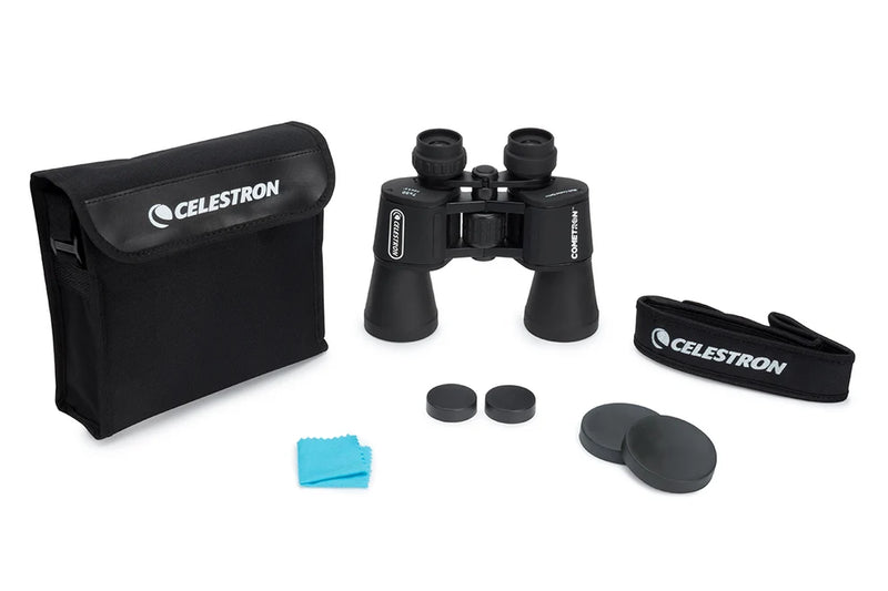 Celestron Cometron 7x50 Porro binoculars with large objective lenses and sturdy black body, ideal for stargazing and astronomical viewing.