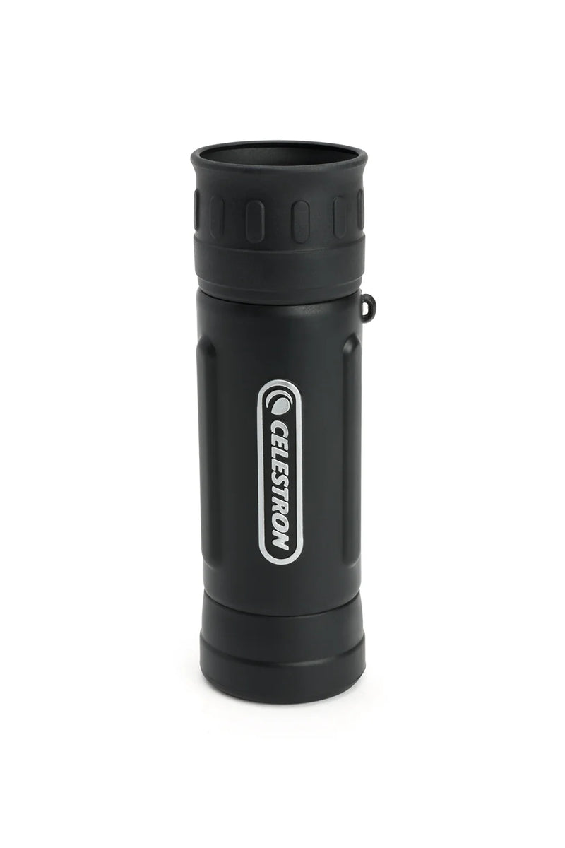 Celestron UpClose G2 10x25 roof monocular with compact design, black body, and included packaging.