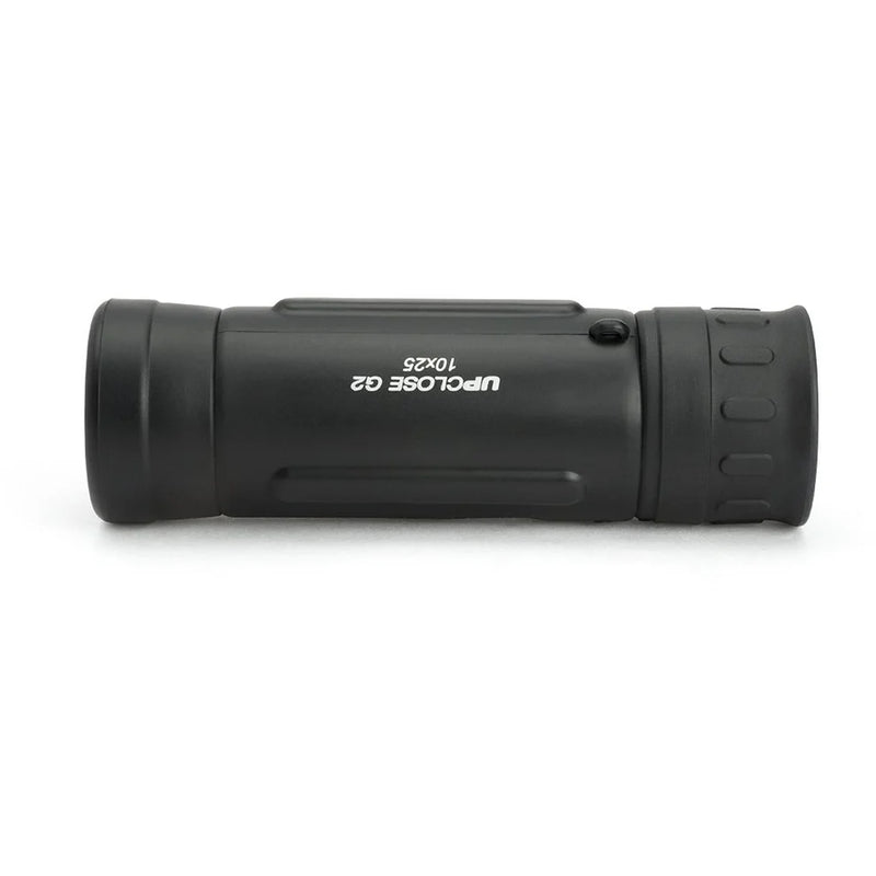 Celestron UpClose G2 10x25 roof monocular with compact design and rubberized grip, shown in its packaging.