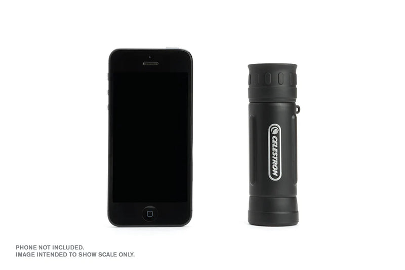 Celestron UpClose G2 10x25 roof monocular with compact design and focus ring, shown in its box.