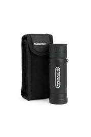 Celestron UpClose G2 10x25 roof monocular with black body and packaging, compact binocular for outdoor viewing.