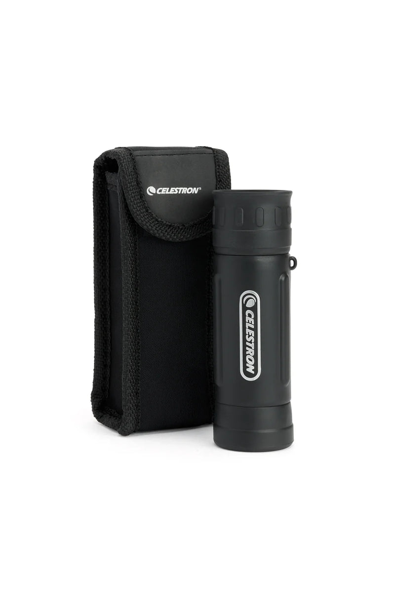 Celestron UpClose G2 10x25 roof monocular with black body and packaging, compact binocular for outdoor viewing.