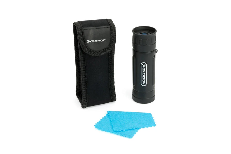 Celestron UpClose G2 10x25 roof monocular with compact design and black body, shown with packaging box.