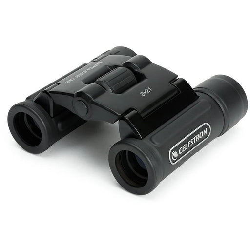 Celestron UpClose G2 8x21 roof binoculars with compact design and black exterior, suitable for outdoor viewing.