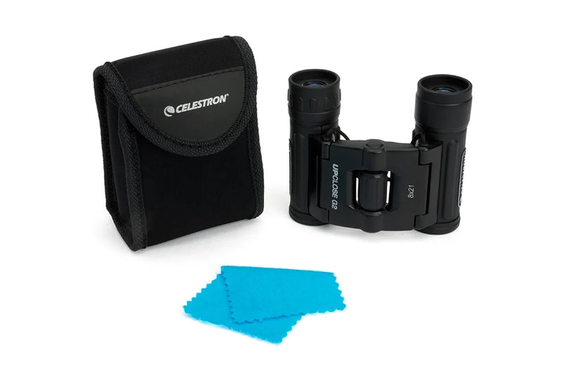 Celestron UpClose G2 8x21 roof binoculars with compact design and black body, suitable for outdoor and wildlife viewing.