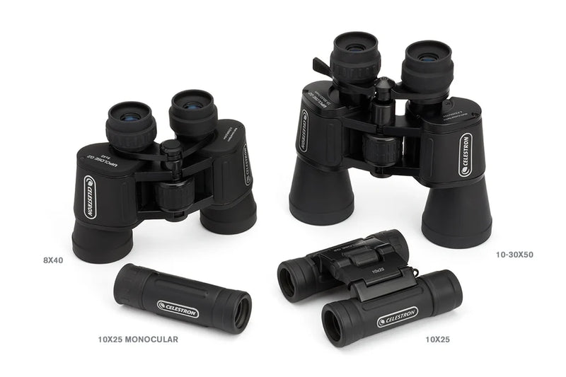 Celestron UpClose G2 8x21 roof binoculars with compact design and black rubber-coated body, suitable for outdoor viewing.