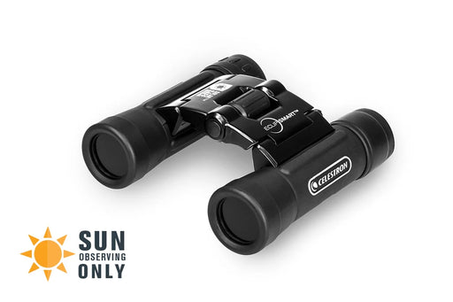 Celestron EclipSmart 10x25 solar binoculars for safe solar viewing, compact black binoculars with textured grip design