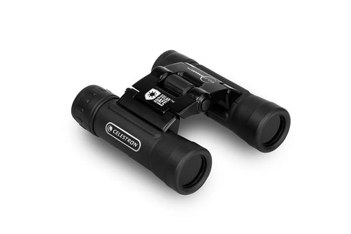 Celestron EclipSmart 10x25 solar binoculars showing their compact design and solar filter lenses for safe solar viewing.
