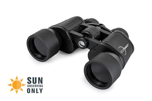 Celestron EclipSmart 10x42 solar binoculars showing the compact design and protective sun filters for safe solar viewing.