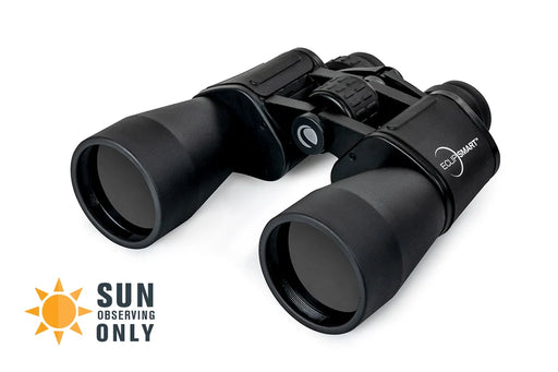 Celestron EclipSmart 12x50 solar binoculars with black body and large lenses, designed for solar viewing and outdoor use.