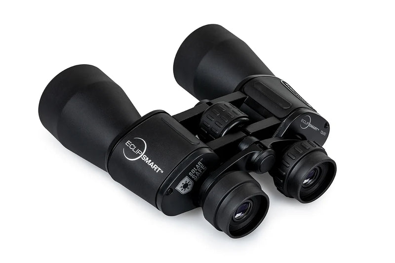 Celestron EclipSmart 12x50 solar binoculars showing the black and orange binoculars with adjustable eyepieces and solar filters.