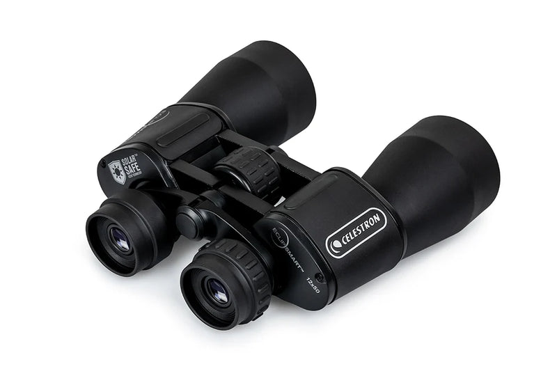 Celestron EclipSmart 12x50 solar binoculars with black body, designed for solar viewing and outdoor astronomy.
