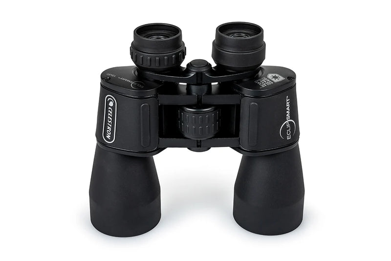 Celestron EclipSmart 12x50 solar binoculars with porro prism design, black body, and textured grip for solar observation.