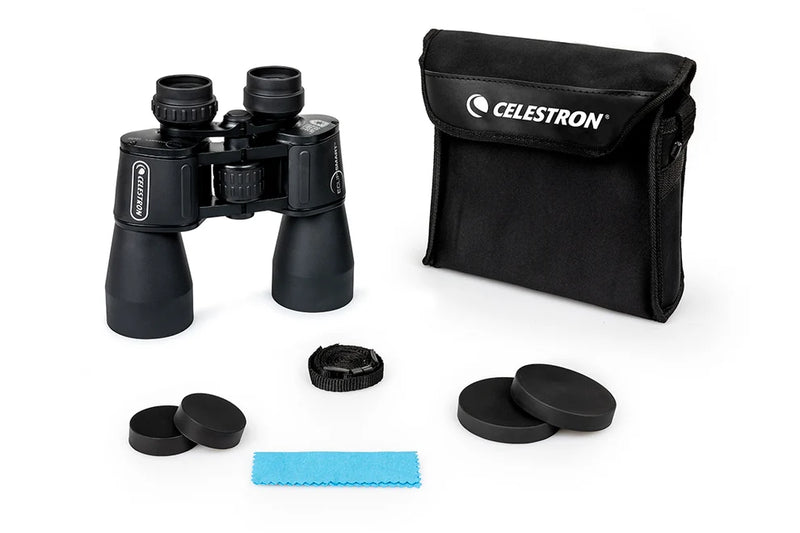 Celestron EclipSmart 12x50 solar binoculars with large lenses and black body, designed for safe solar viewing and outdoor astronomy.