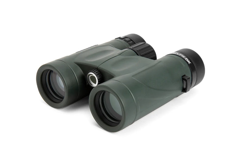 Celestron Nature DX 8x32 roof binoculars with compact design, rubber armor for grip, and adjustable eyepieces for outdoor wildlife viewing.