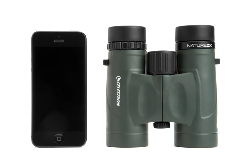 Celestron Nature DX 8x32 roof binoculars with black body and textured grip, ideal for outdoor wildlife viewing.