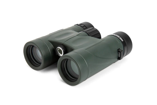Celestron Nature DX 10x32 roof binoculars showing the compact design and textured grip for outdoor birdwatching or nature observation.