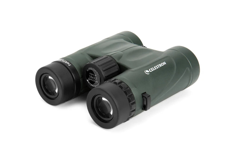 Celestron Nature DX 10x32 roof binoculars with compact design and ergonomic grip, ideal for bird watching and outdoor adventures.
