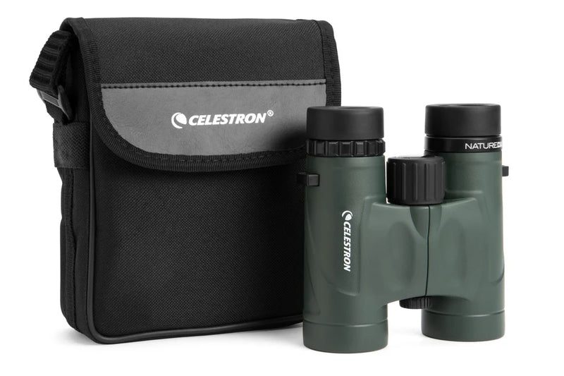 Celestron Nature DX 10x32 binoculars with black rubber armor, featuring a compact roof prism design for outdoor wildlife viewing.