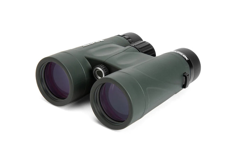 Celestron Nature DX 8x42 black roof binoculars with textured grip and large objective lenses for outdoor wildlife viewing.