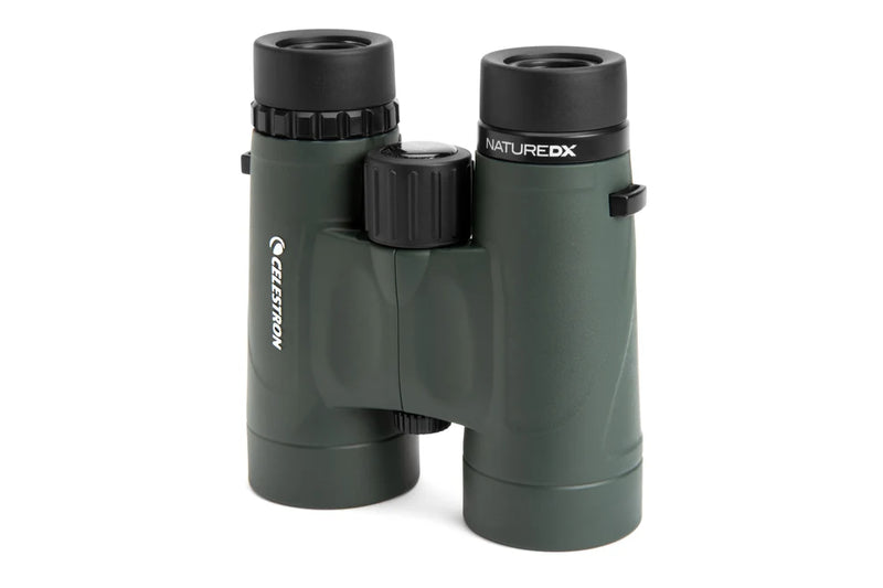 Celestron Nature DX 8x42 roof binoculars with black body, featuring large lenses and compact design for outdoor wildlife viewing.